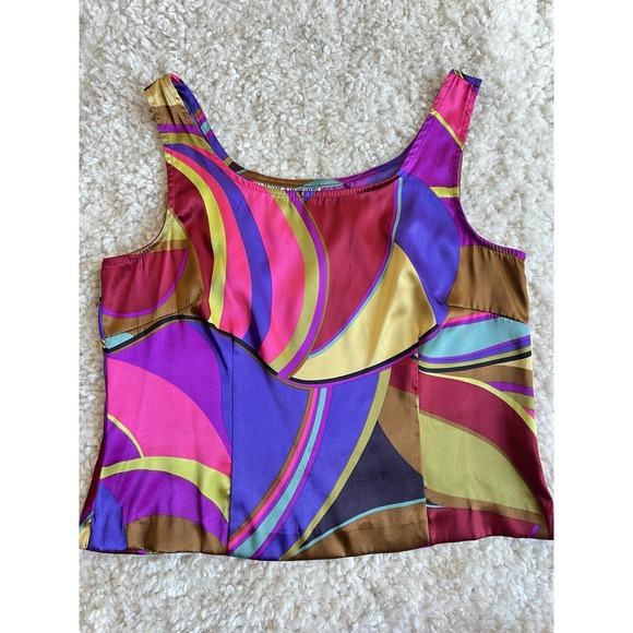 Jessica Howard Tops - Vtg Womens Satin Psychedelic Colorful Bold Swirl Cropped Tank 12 Retro Geometric